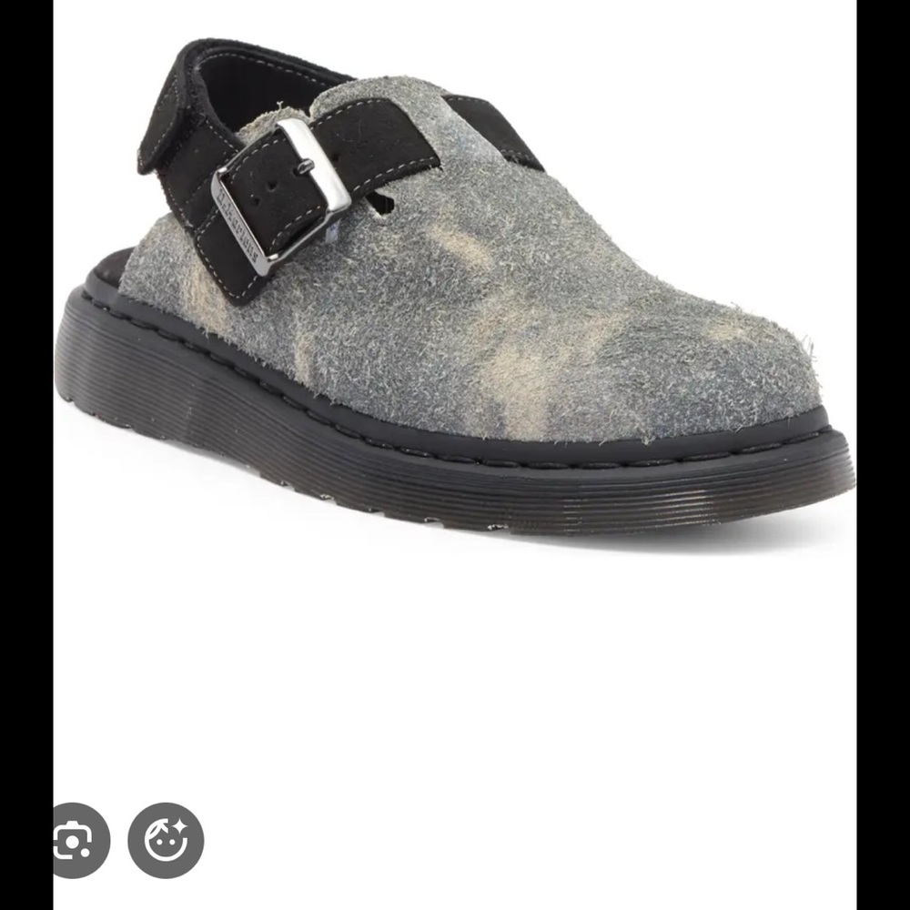 Dr. Martens Grey Suede Buckle Clog with Black Strap